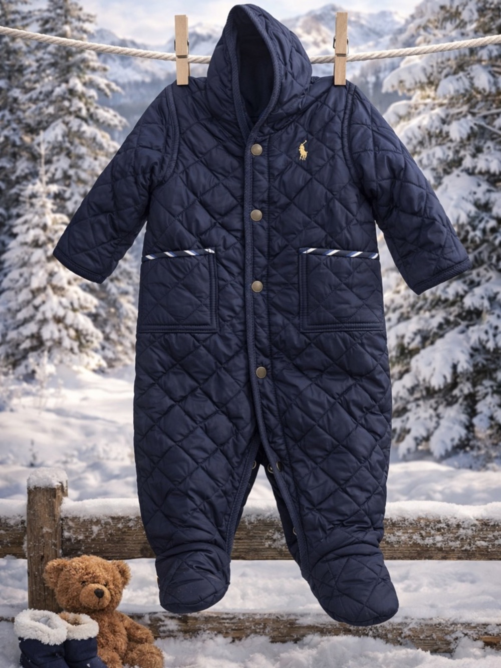 Ralph Lauren POLO Baby Quilted Bunting | Navy 6 Months | Hooded One-Piece GIFT - Picture 3 of 8
